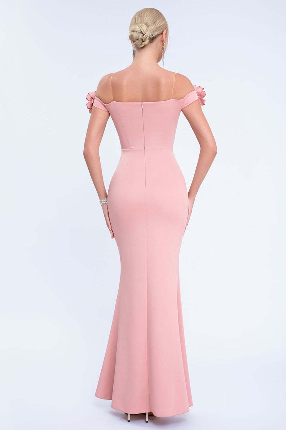 Blush Off the Shoulder Long Mermaid Prom Dress with 3D Flowers