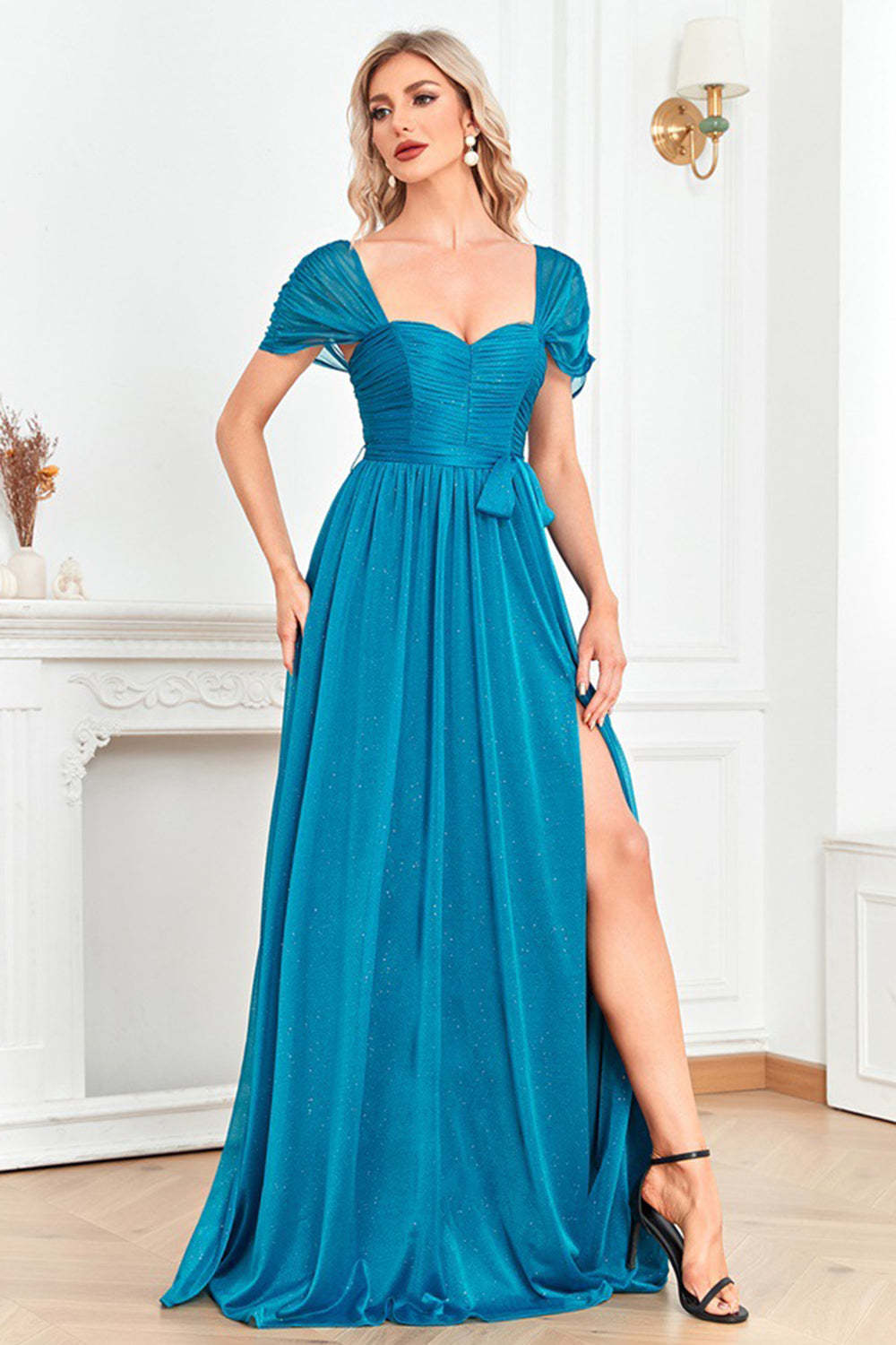 Blue A Line Sweetheart Ruched Sash Maxi Prom Dress with Slit