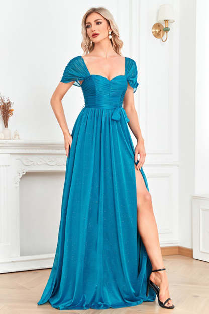 Blue A Line Sweetheart Ruched Sash Maxi Prom Dress with Slit