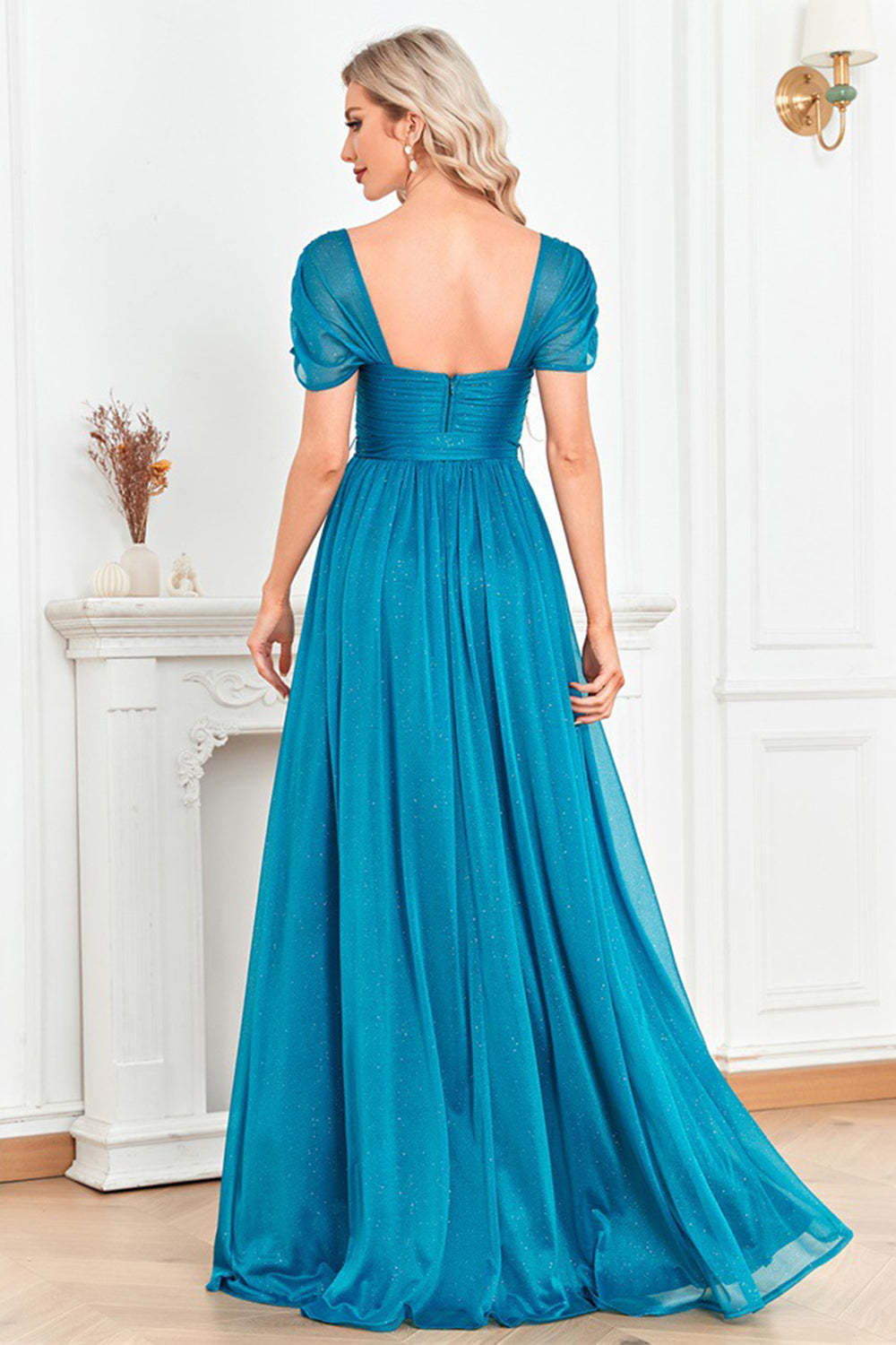 Blue A Line Sweetheart Ruched Sash Maxi Prom Dress with Slit