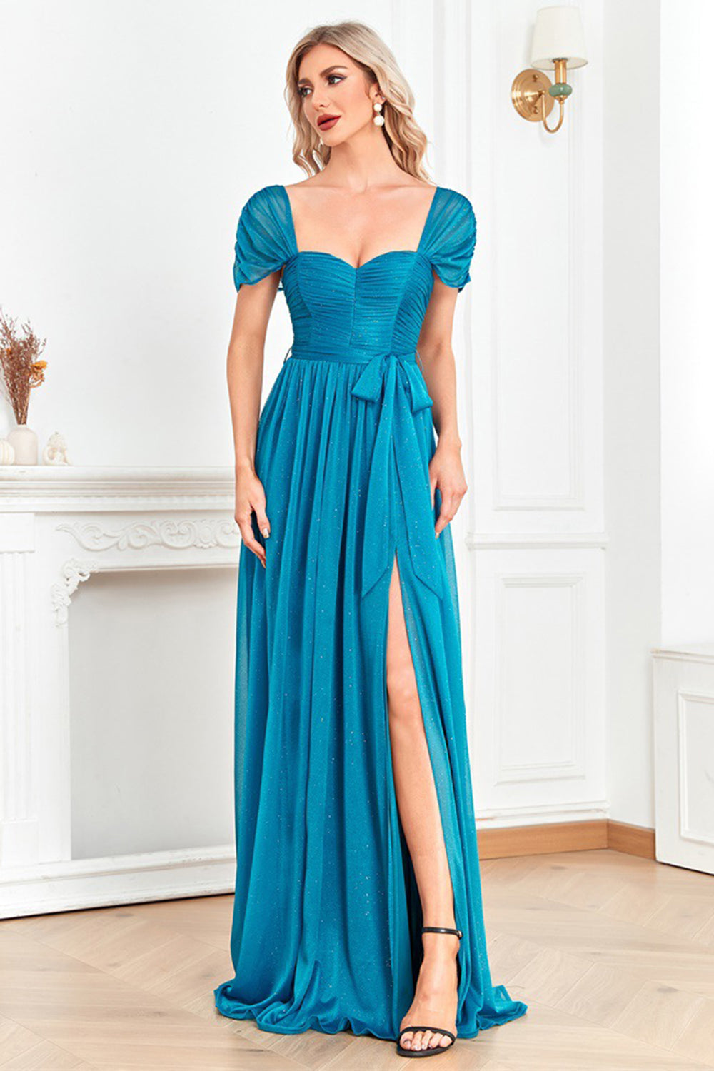 Blue A Line Sweetheart Ruched Sash Maxi Prom Dress with Slit