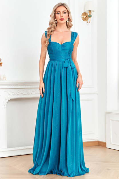 Blue A Line Sweetheart Ruched Sash Maxi Prom Dress with Slit