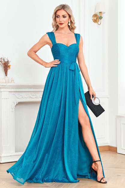Blue A Line Sweetheart Ruched Sash Maxi Prom Dress with Slit