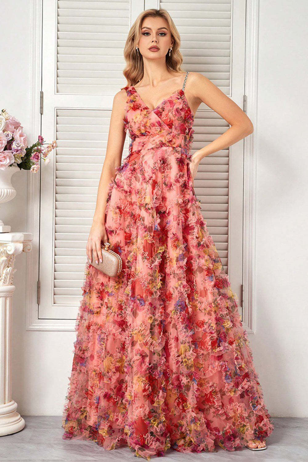 Blush A Line Spaghetti Straps Long Floral Prom Dress with Ruffles