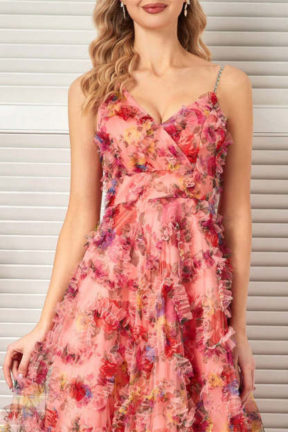 Blush A Line Spaghetti Straps Long Floral Prom Dress with Ruffles