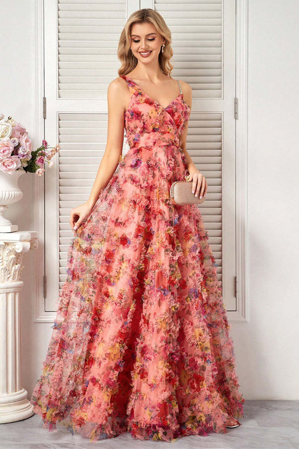Blush A Line Spaghetti Straps Long Floral Prom Dress with Ruffles