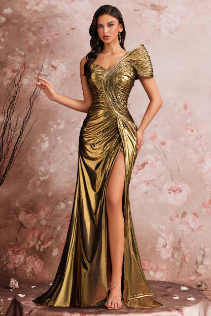 Golden Mermaid One Shoulder Ruched Maxi Metallic Prom Dress with Slit