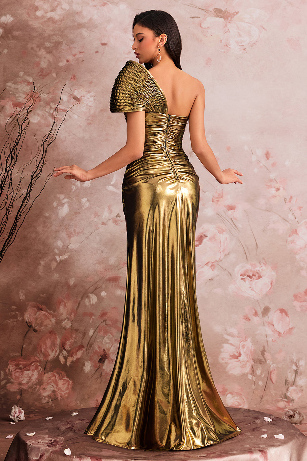 Golden Mermaid One Shoulder Ruched Maxi Metallic Prom Dress with Slit