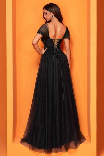 Black A Line Tulle Corset Maxi Prom Dress with Slit