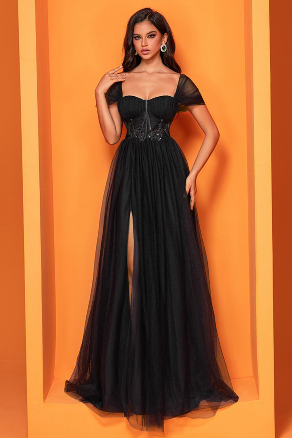 Black A Line Tulle Corset Maxi Prom Dress with Slit