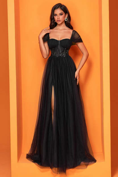 Black A Line Tulle Corset Maxi Prom Dress with Slit