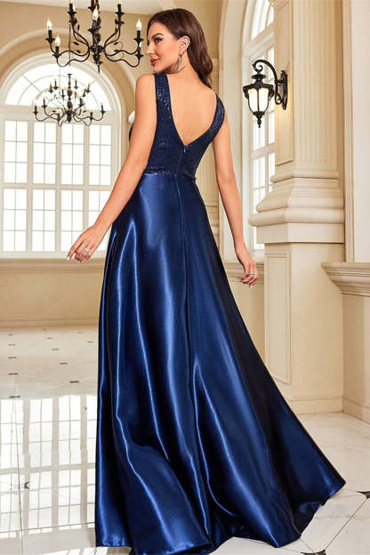 Sparkly Navy A Line V-Neck Long Satin Prom Dress with Beading