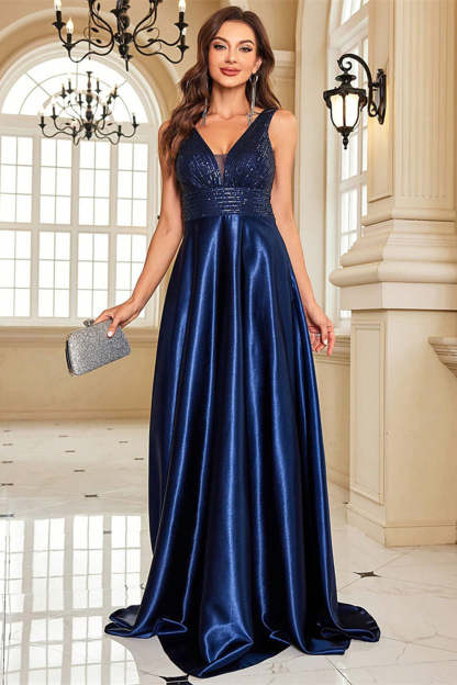 Sparkly Navy A Line V-Neck Long Satin Prom Dress with Beading
