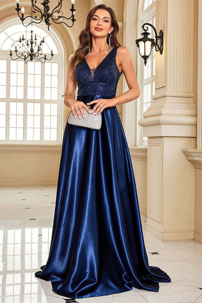 Sparkly Navy A Line V-Neck Long Satin Prom Dress with Beading
