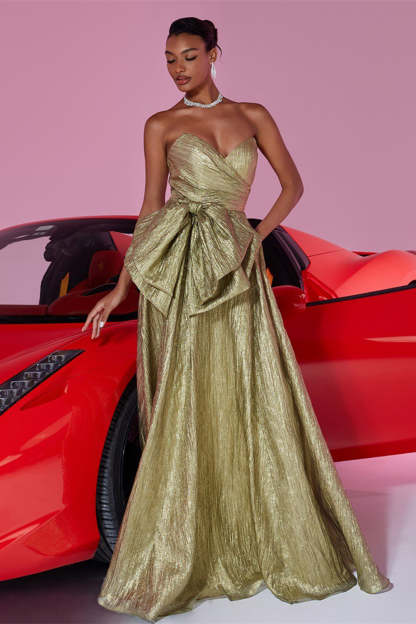 Gold Metallic Sweetheart A Line Maxi Prom Dress with Bow
