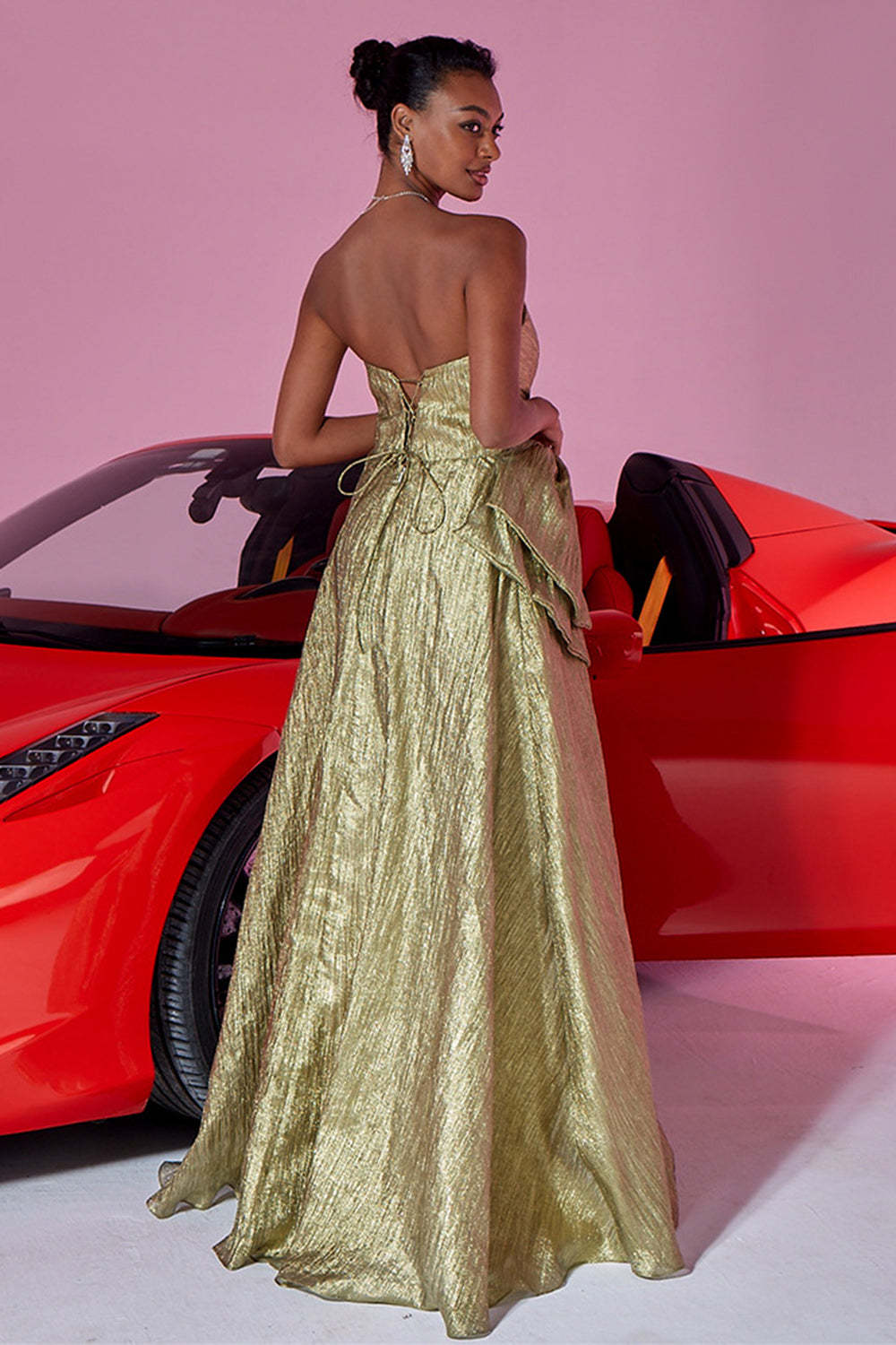 Gold Metallic Sweetheart A Line Maxi Prom Dress with Bow