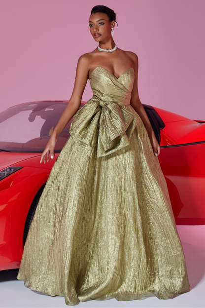 Leely Women Gold Metallic Maxi Prom Dress with Bow Sweetheart Ruched A Line Strapless Formal Dress
