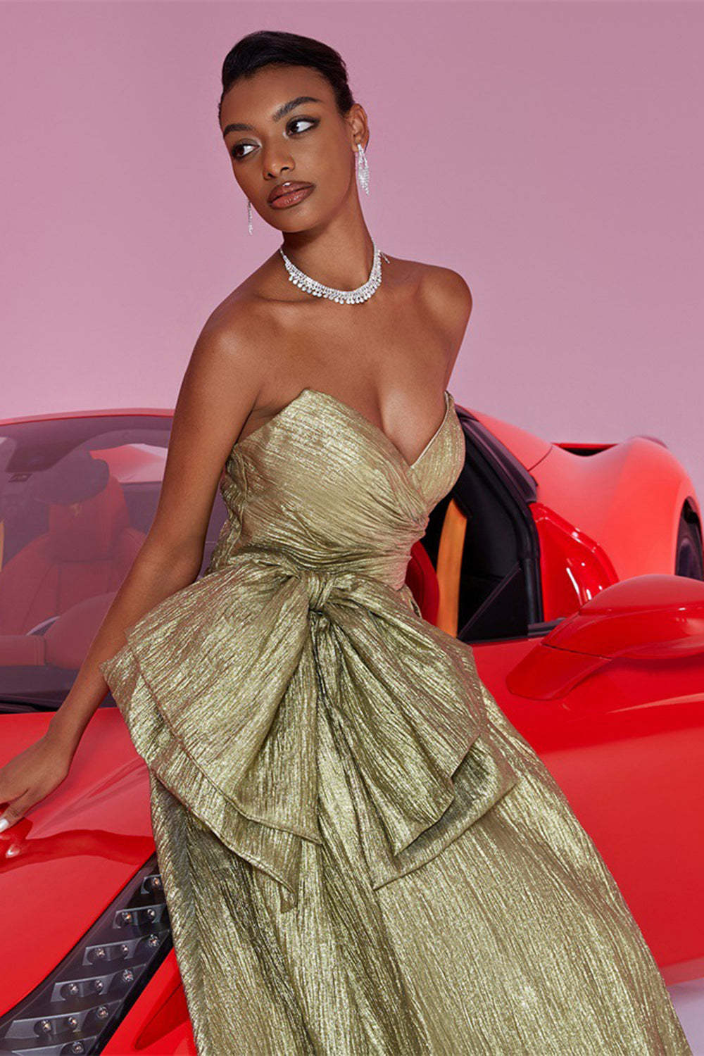 Gold Metallic Sweetheart A Line Maxi Prom Dress with Bow