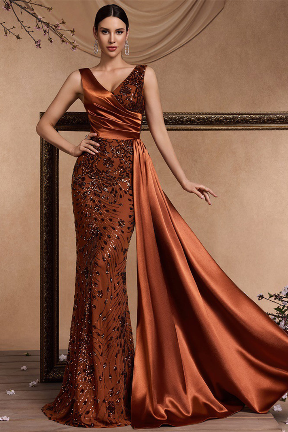 Sparkly Brown Mermaid V-Neck Maxi Floral Mother of the Bride Dress with Side Cape