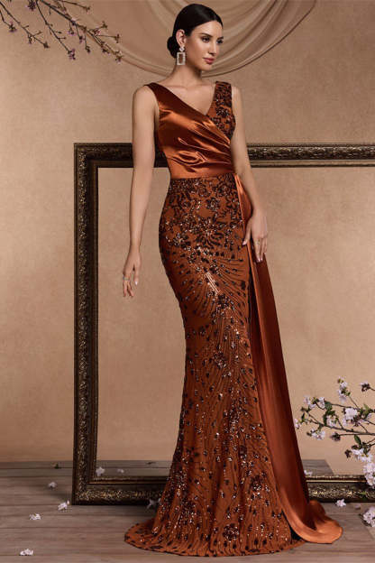 Sparkly Brown Mermaid V-Neck Maxi Floral Mother of the Bride Dress with Side Cape