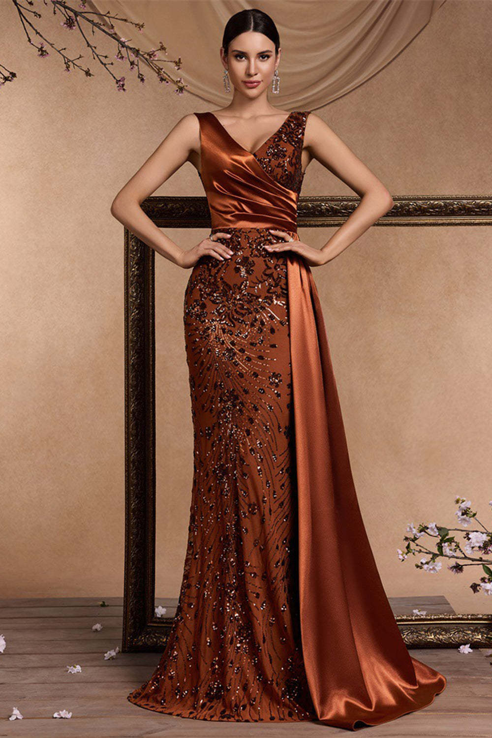 Sparkly Brown Mermaid V-Neck Maxi Floral Mother of the Bride Dress with Side Cape