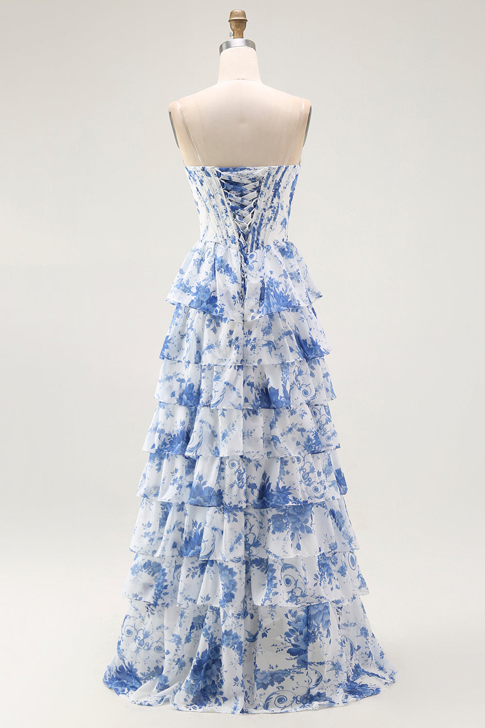 White Blue Floral Corset Tiered Long Ruffled Prom Dress with Slit