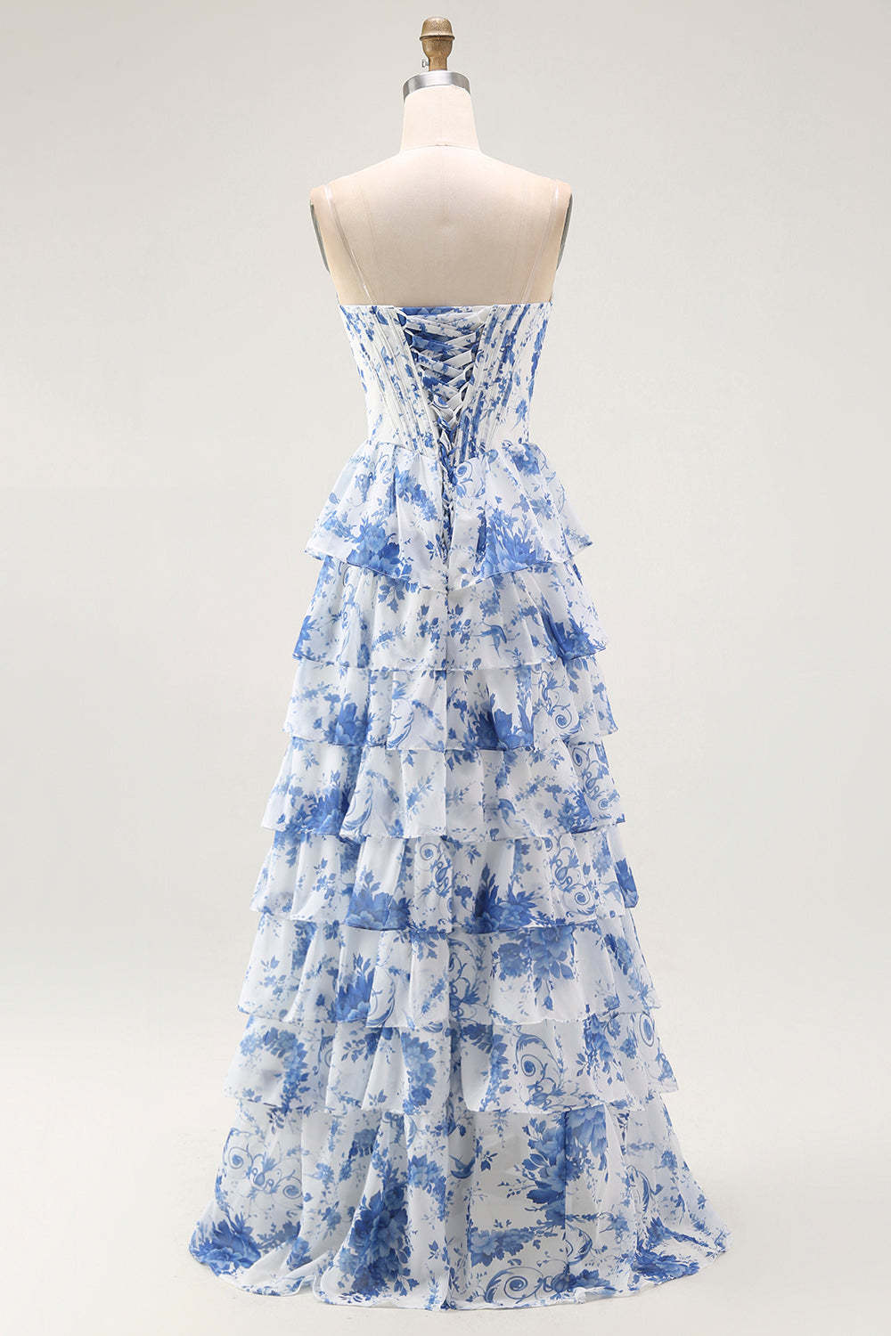White Blue Floral Corset Tiered Long Ruffled Prom Dress with Slit