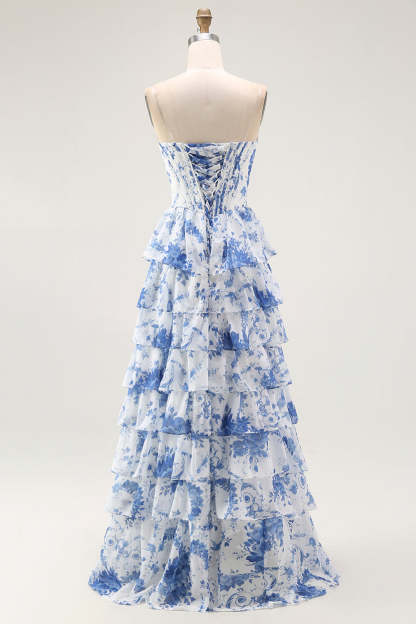 White Blue Floral Corset Tiered Long Ruffled Prom Dress with Slit