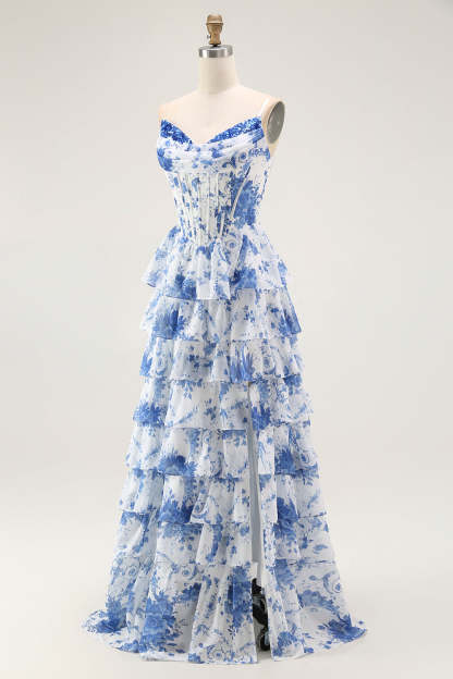 White Blue Floral Corset Tiered Long Ruffled Prom Dress with Slit