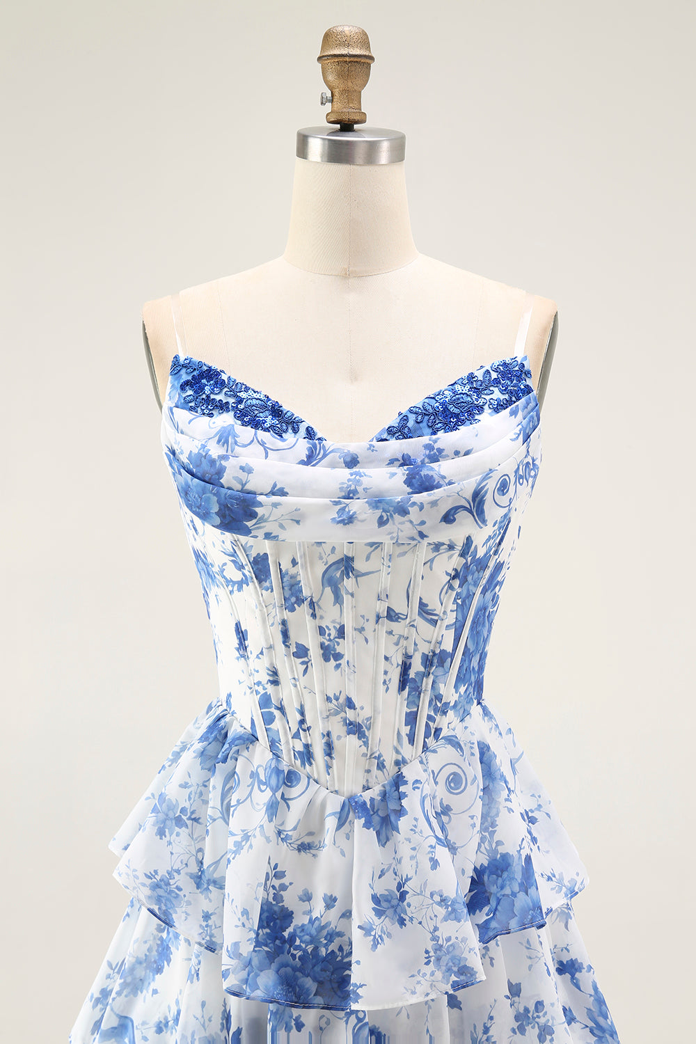 White Blue Floral Corset Tiered Long Ruffled Prom Dress with Slit