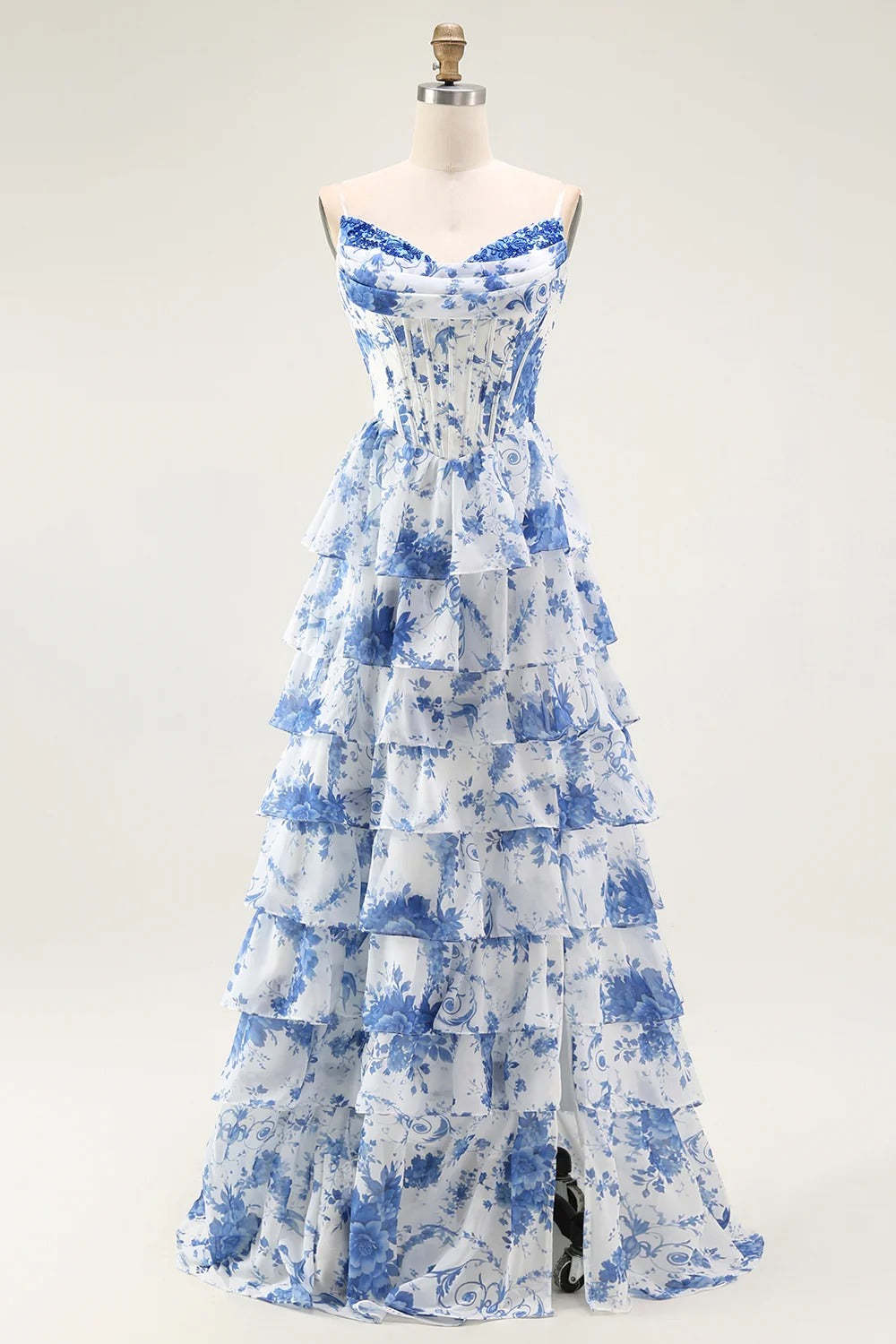 Ladies Robe With Ruffles Leely Women White Blue Floral Long Ruffled Prom Dress Tiered Lace Up A ...