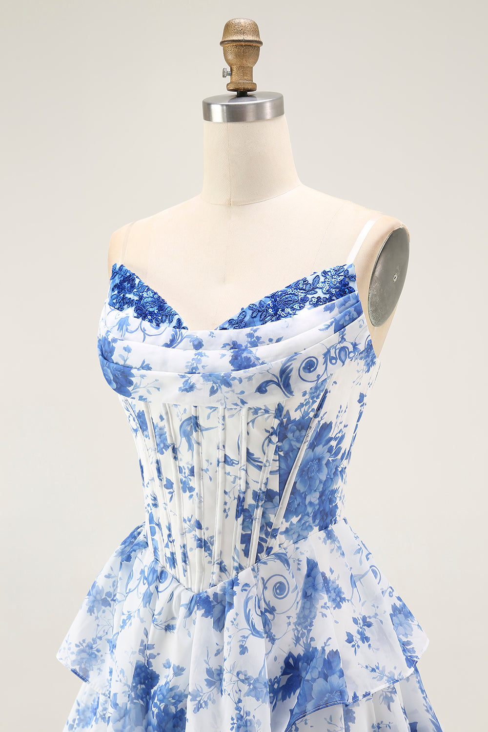 White Blue Floral Corset Tiered Long Ruffled Prom Dress with Slit