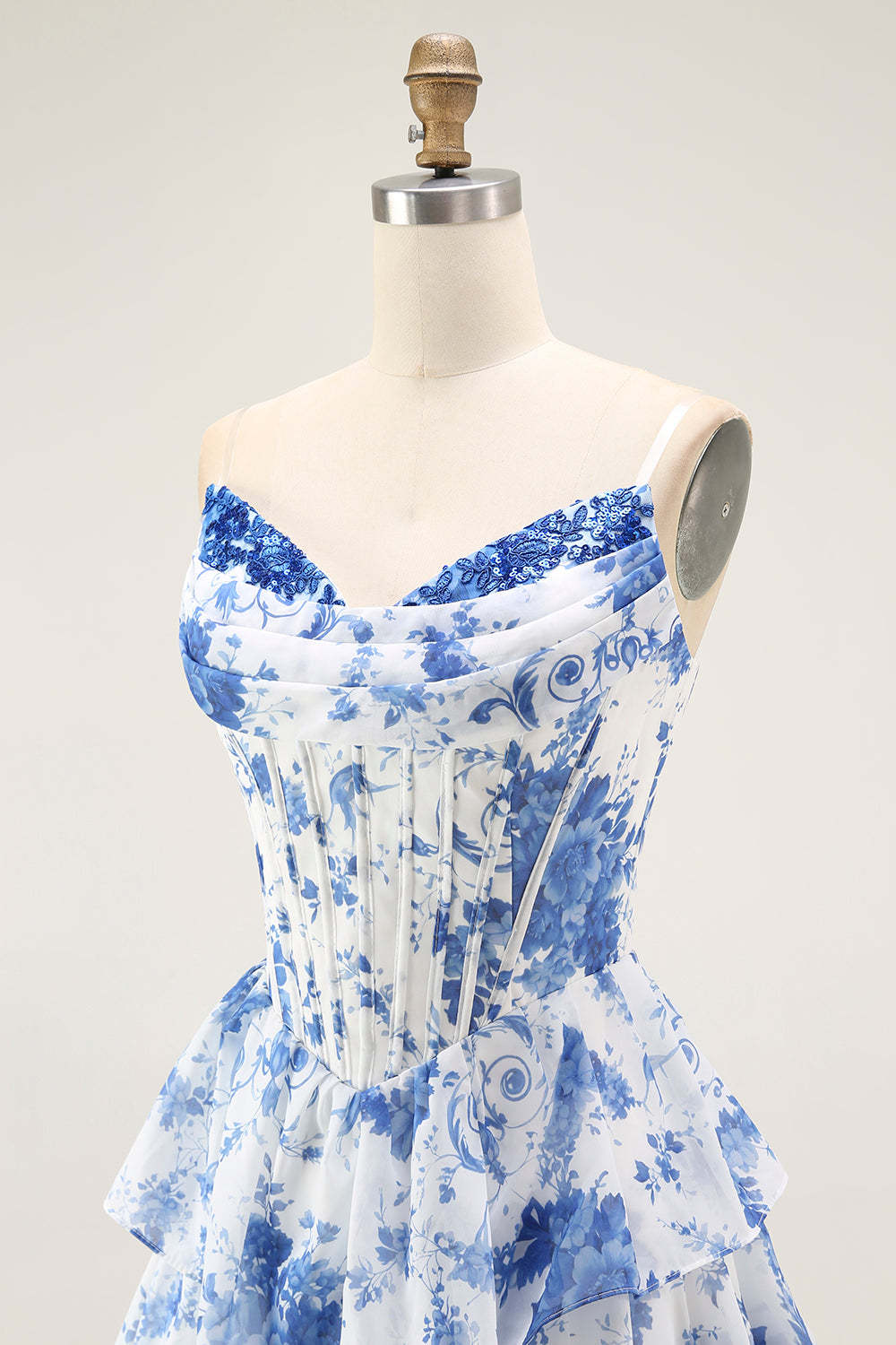 White Blue Floral Corset Tiered Long Ruffled Prom Dress with Slit