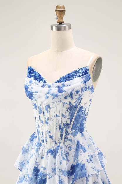 White Blue Floral Corset Tiered Long Ruffled Prom Dress with Slit