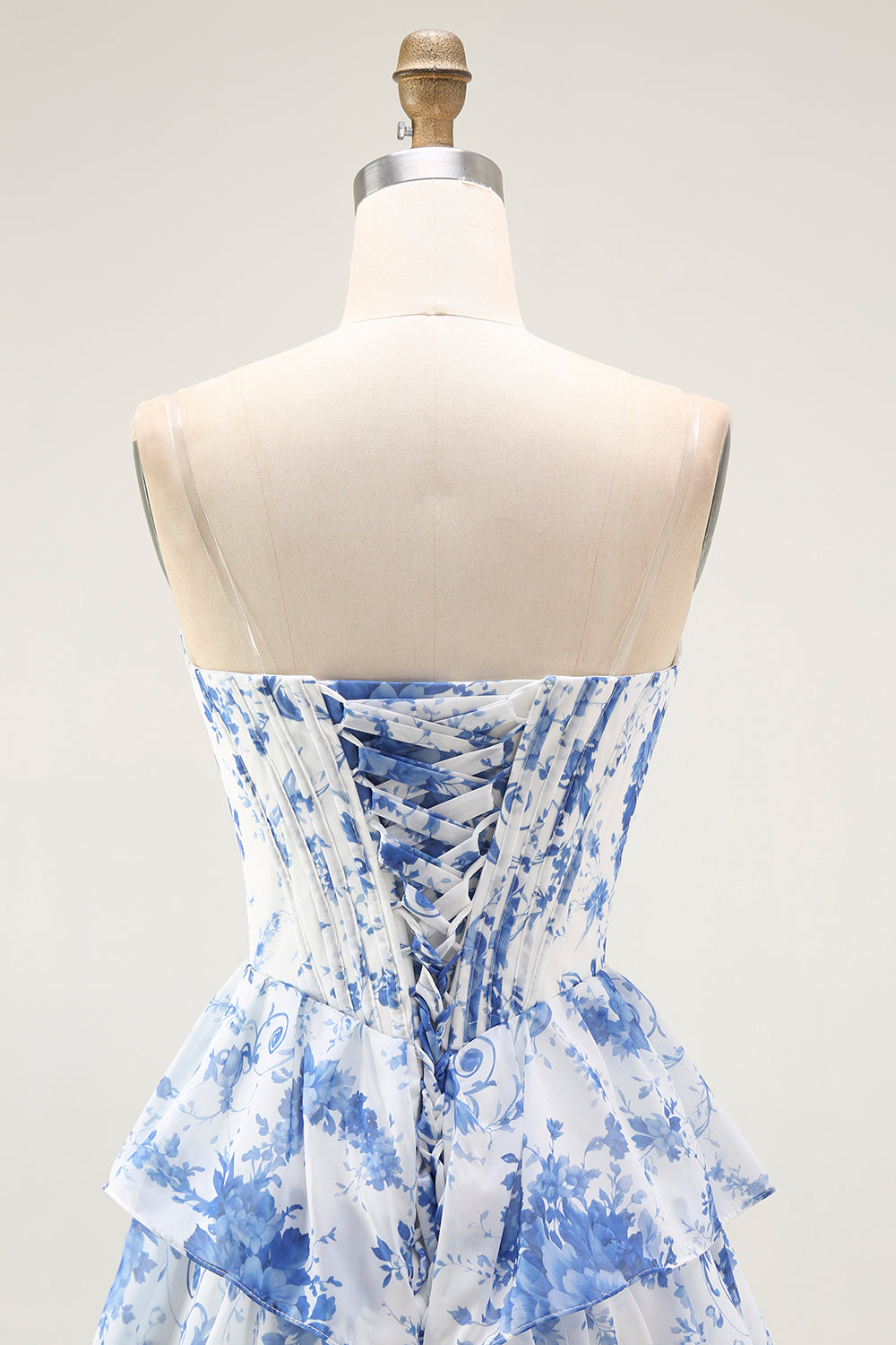 White Blue Floral Corset Tiered Long Ruffled Prom Dress with Slit