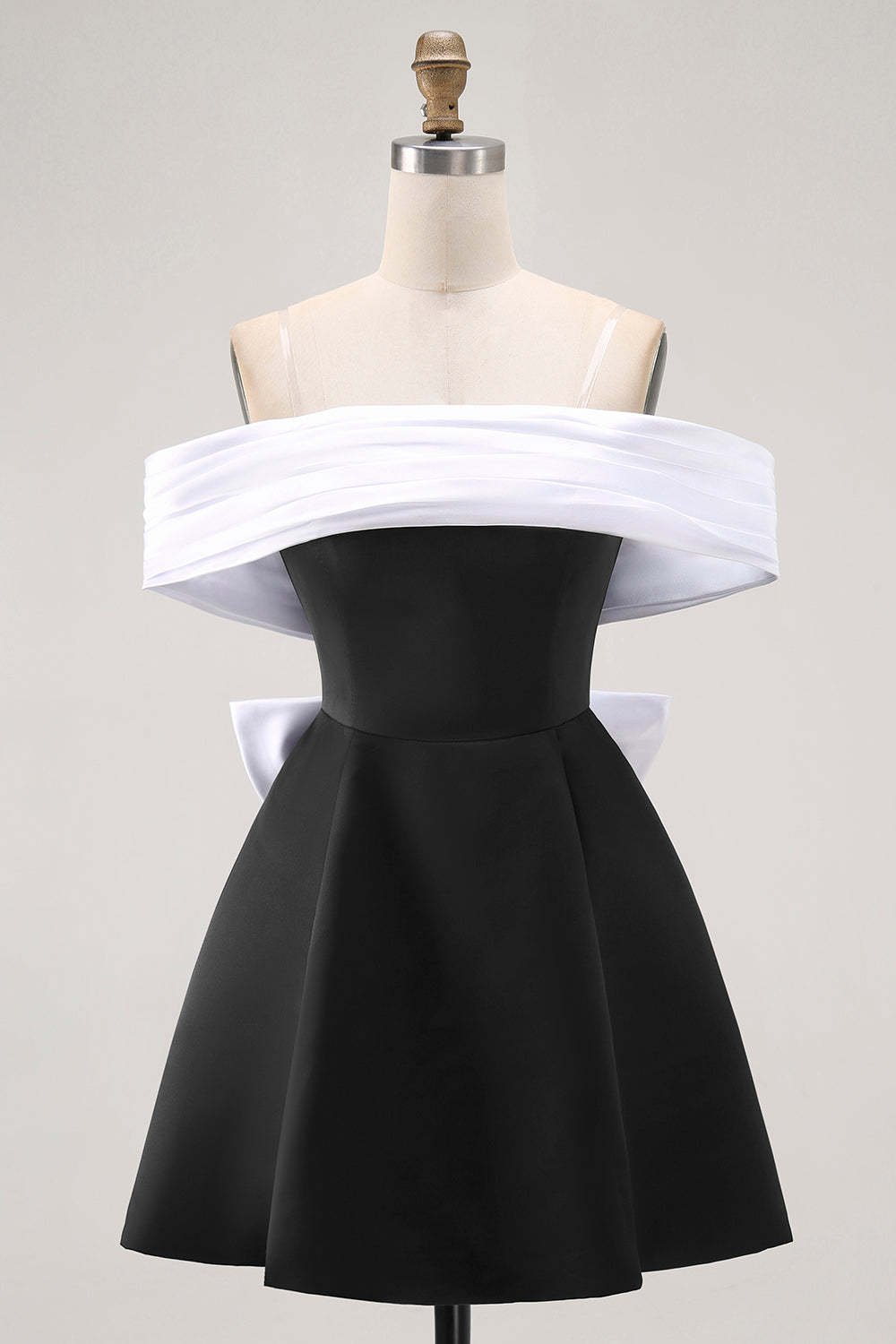 Leely Women Black Satin Short Homecoming Dress with Bow Off the Shoulder A Line Cocktail Dress
