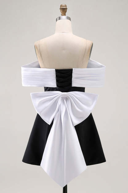 Black Off the Shoulder A Line Short Homecoming Dress with Bow