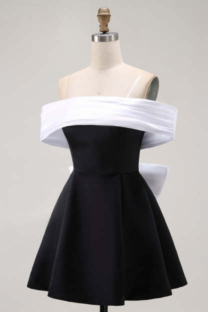 Black Off the Shoulder A Line Short Homecoming Dress with Bow