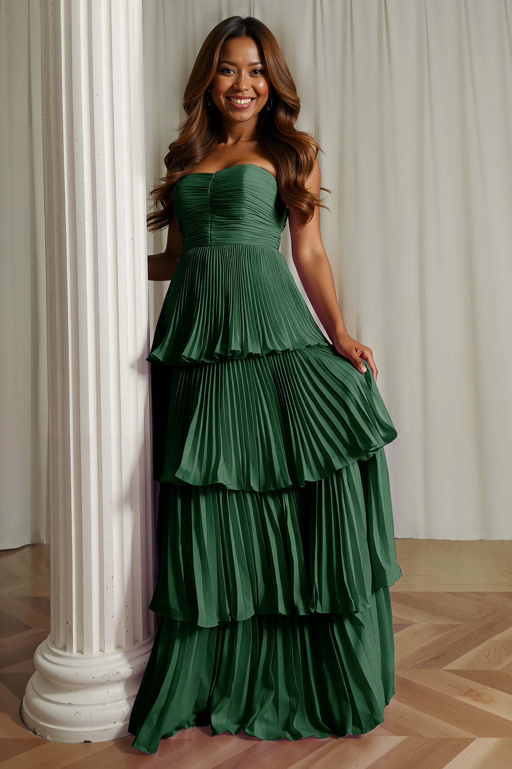 Dusty Blue Tiered Strapless Maxi Wedding Guest Dress