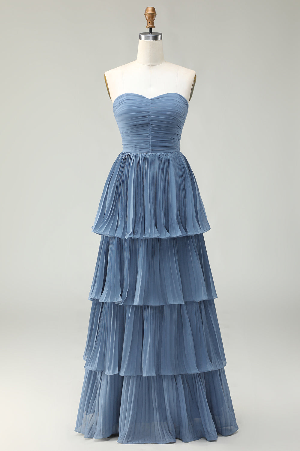 Dusty Blue Tiered Strapless Maxi Wedding Guest Dress