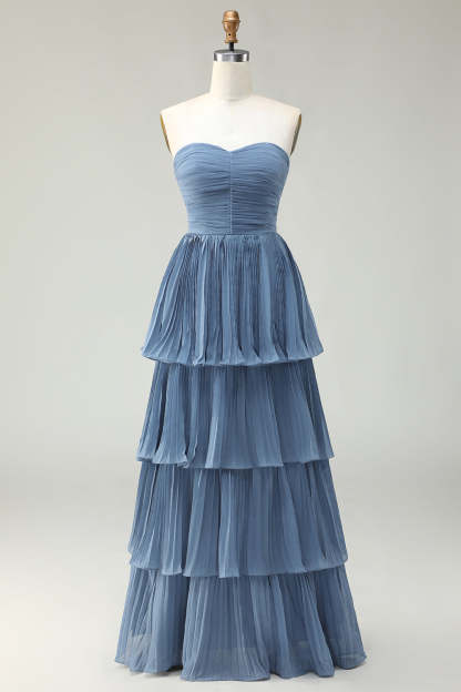 Dusty Blue Tiered Strapless Maxi Wedding Guest Dress