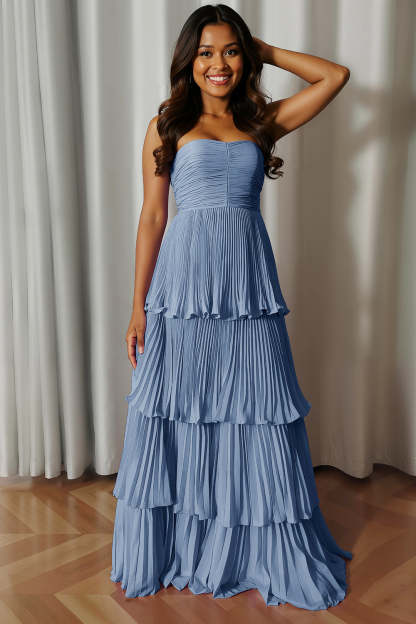 Dusty Blue Tiered Strapless Maxi Wedding Guest Dress