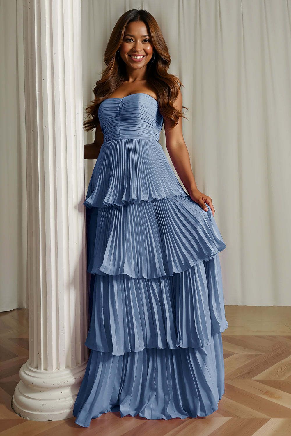 Dusty Blue Tiered Strapless Maxi Wedding Guest Dress