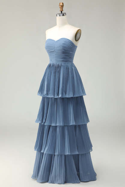 Dusty Blue Strapless Tiered Long Wedding Guest Dress