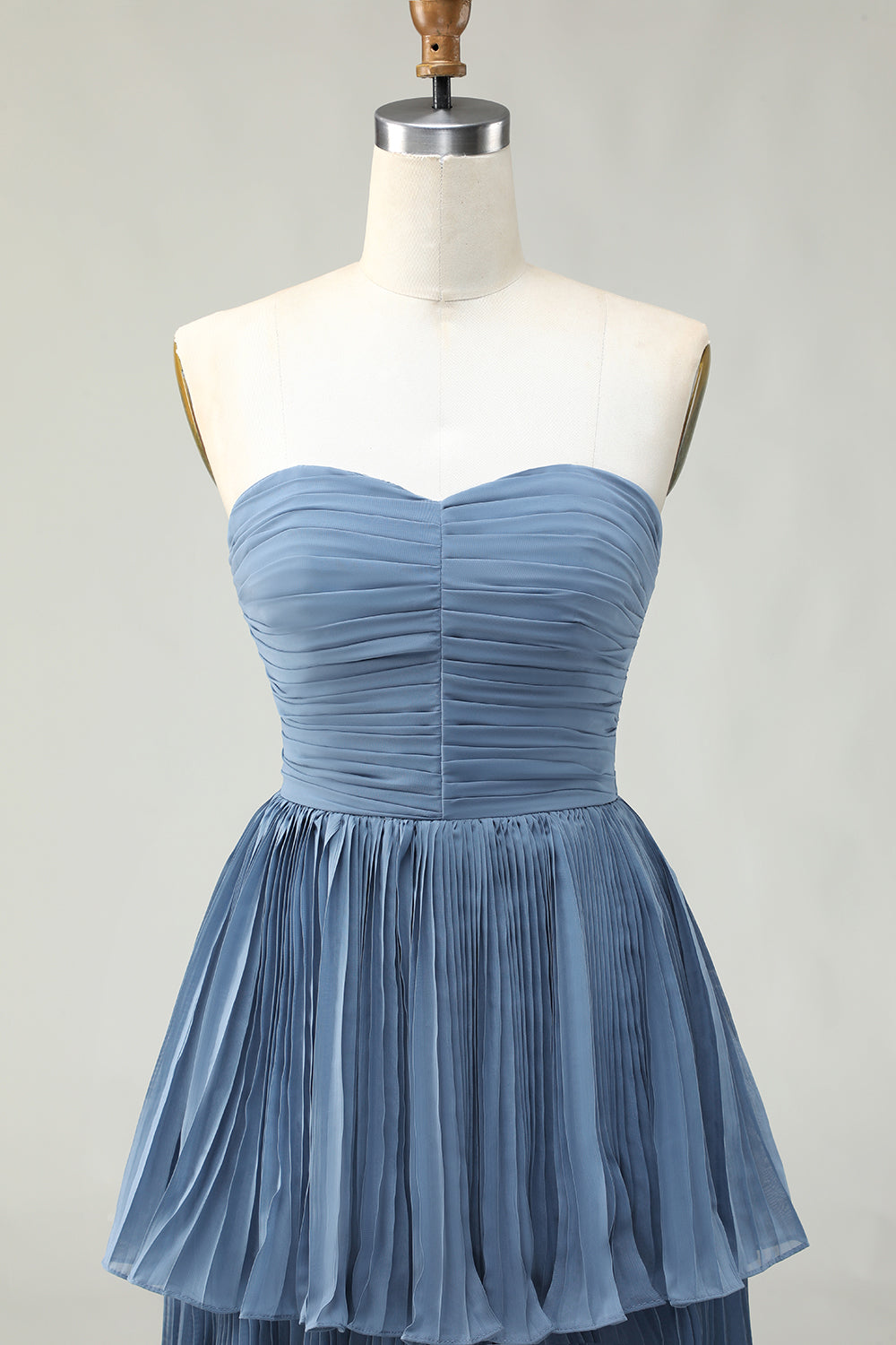 Dusty Blue Strapless Tiered Long Wedding Guest Dress