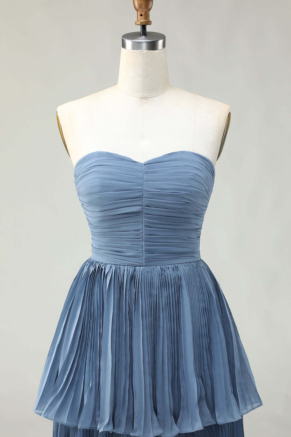 Dusty Blue Strapless Tiered Long Wedding Guest Dress