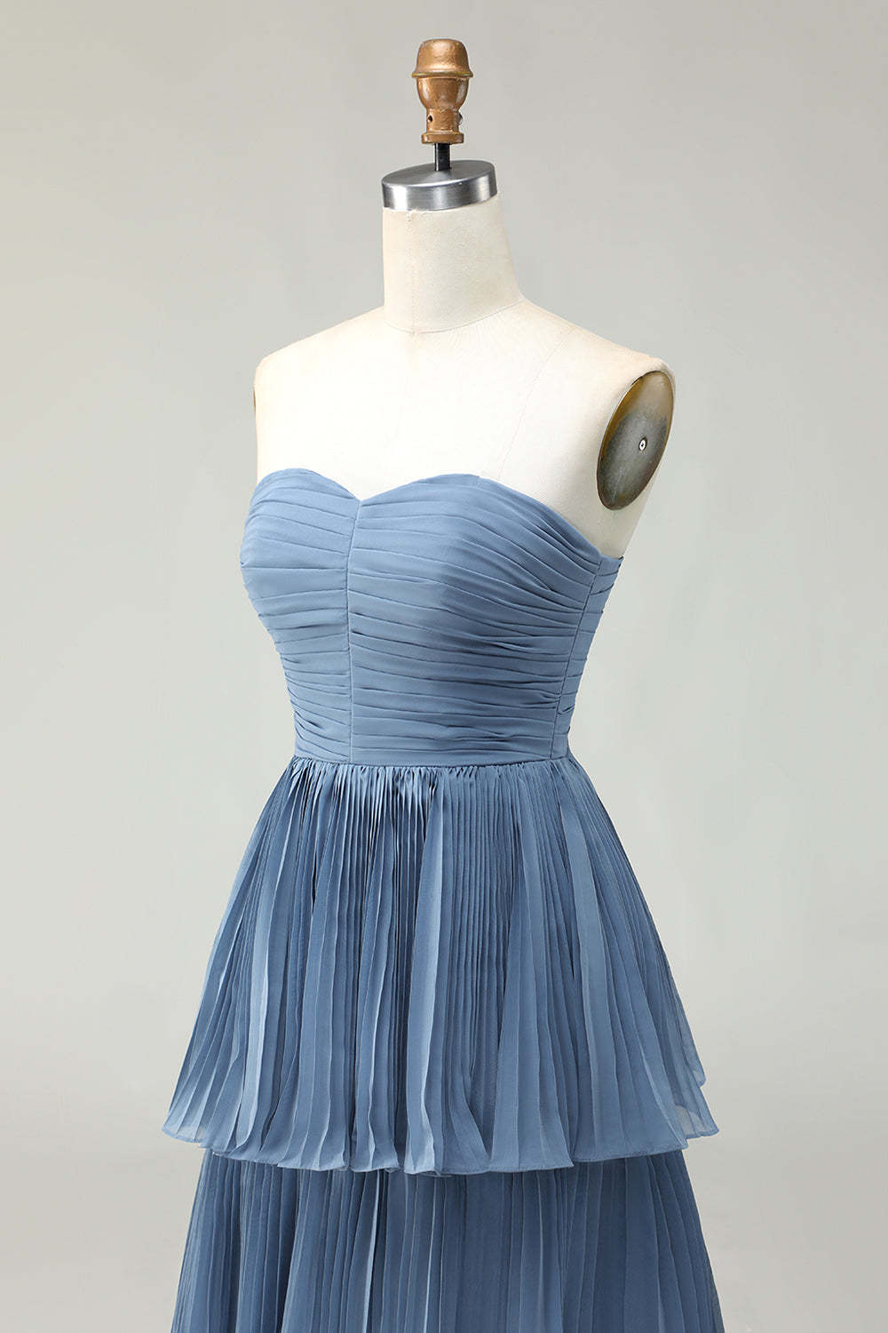 Dusty Blue Strapless Tiered Long Wedding Guest Dress
