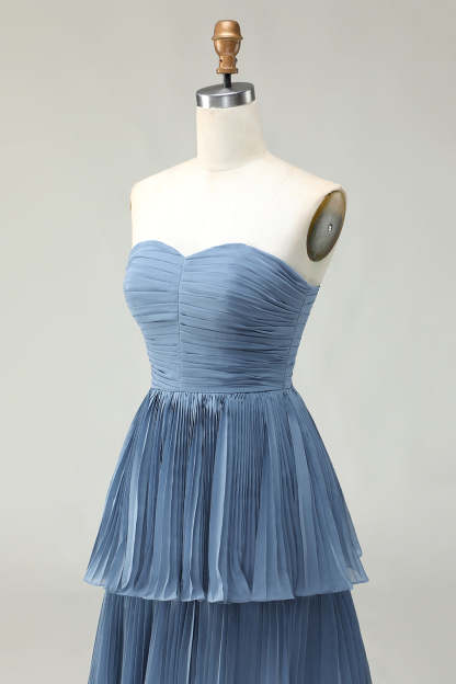 Dusty Blue Strapless Tiered Long Wedding Guest Dress