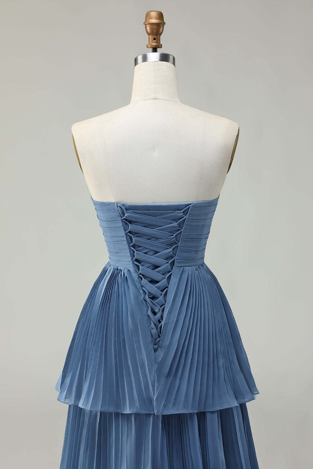 Dusty Blue Strapless Tiered Long Wedding Guest Dress