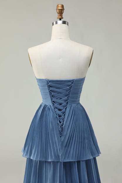 Dusty Blue Strapless Tiered Long Wedding Guest Dress